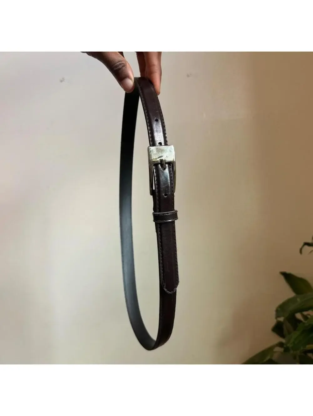 Y2K Dark Brown slim minimalist coquette Belt with Silver Square Buckle Size 12